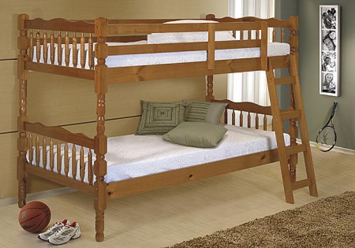 wooden bunk beds with mattresses