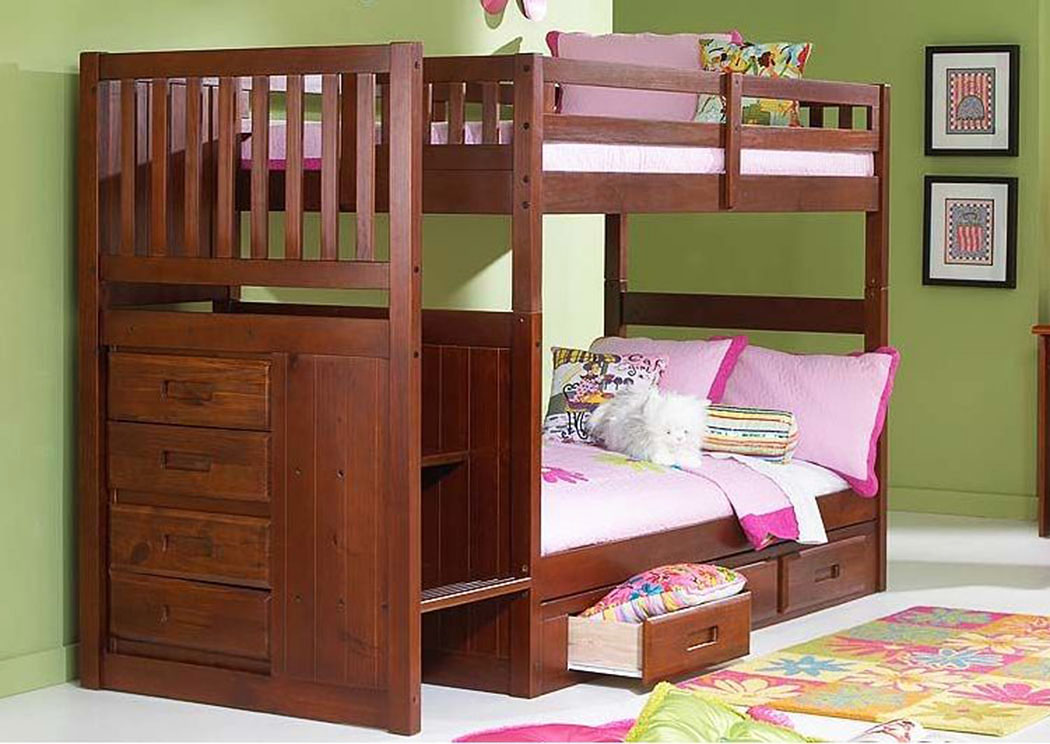 Underpriced Furniture Merlot Twin Over Twin Bunkbed With Stairs